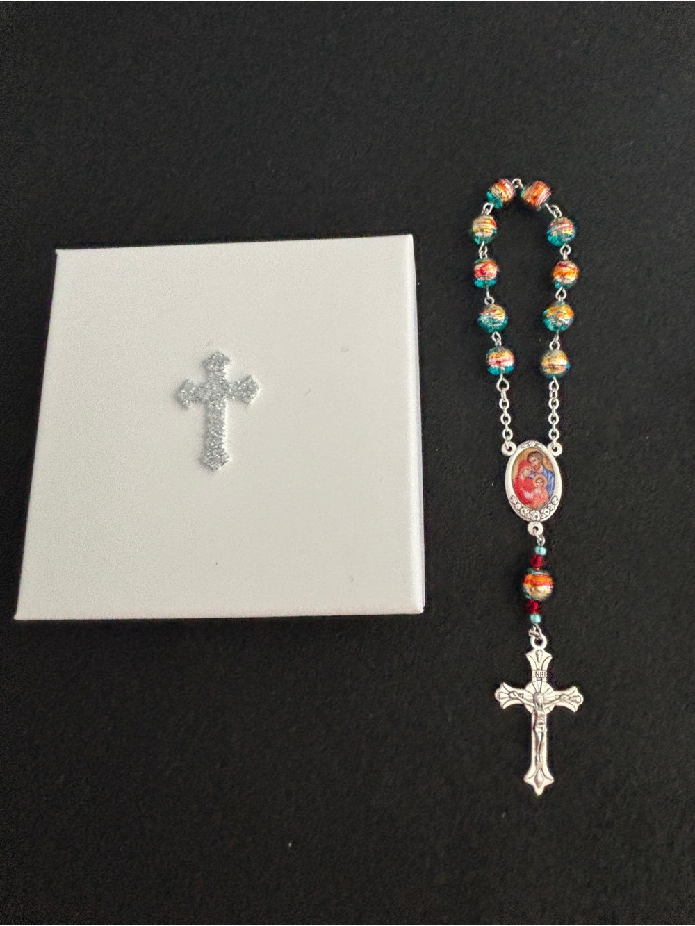 Handmade Catholic Rosary Decade Pocket Blue Metallic Holy Family